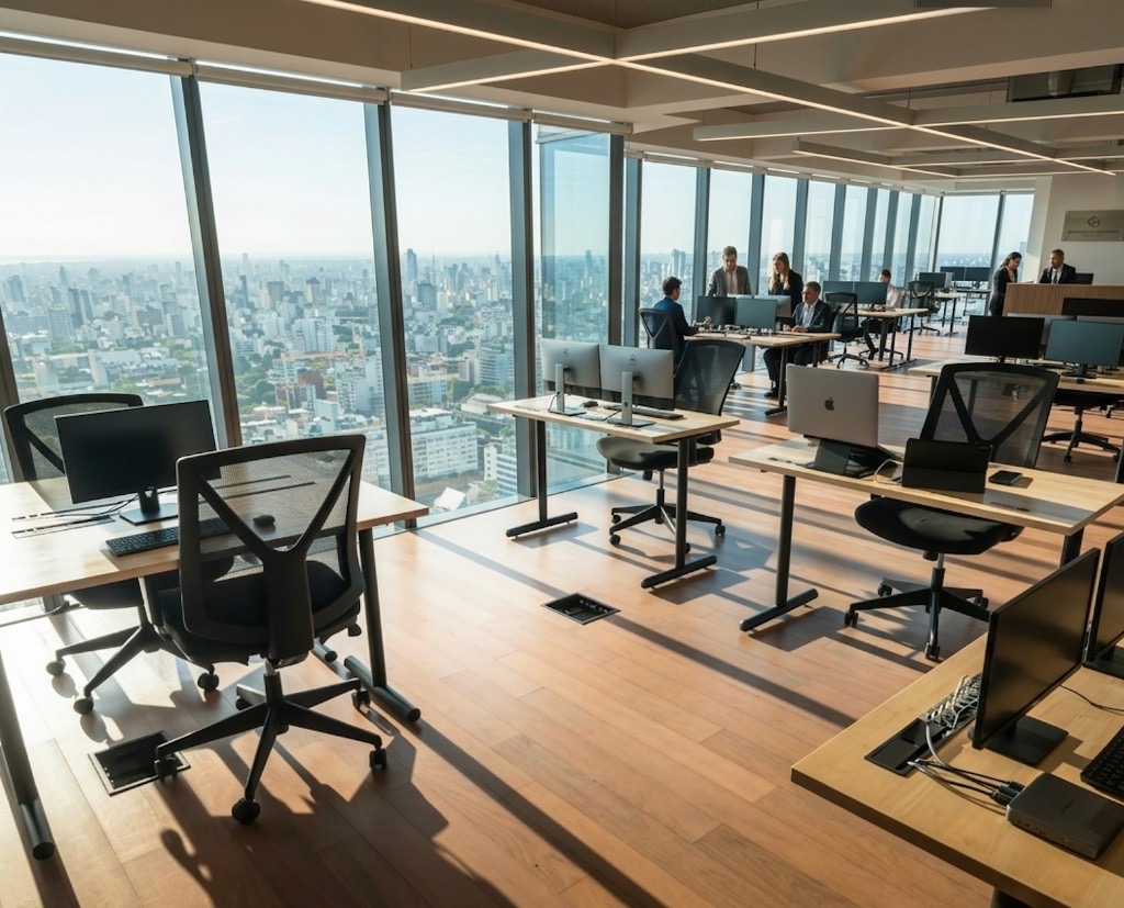 高層ビルの最上階オフィス、複数PCが並ぶ広いフロアに都市景観が広がる